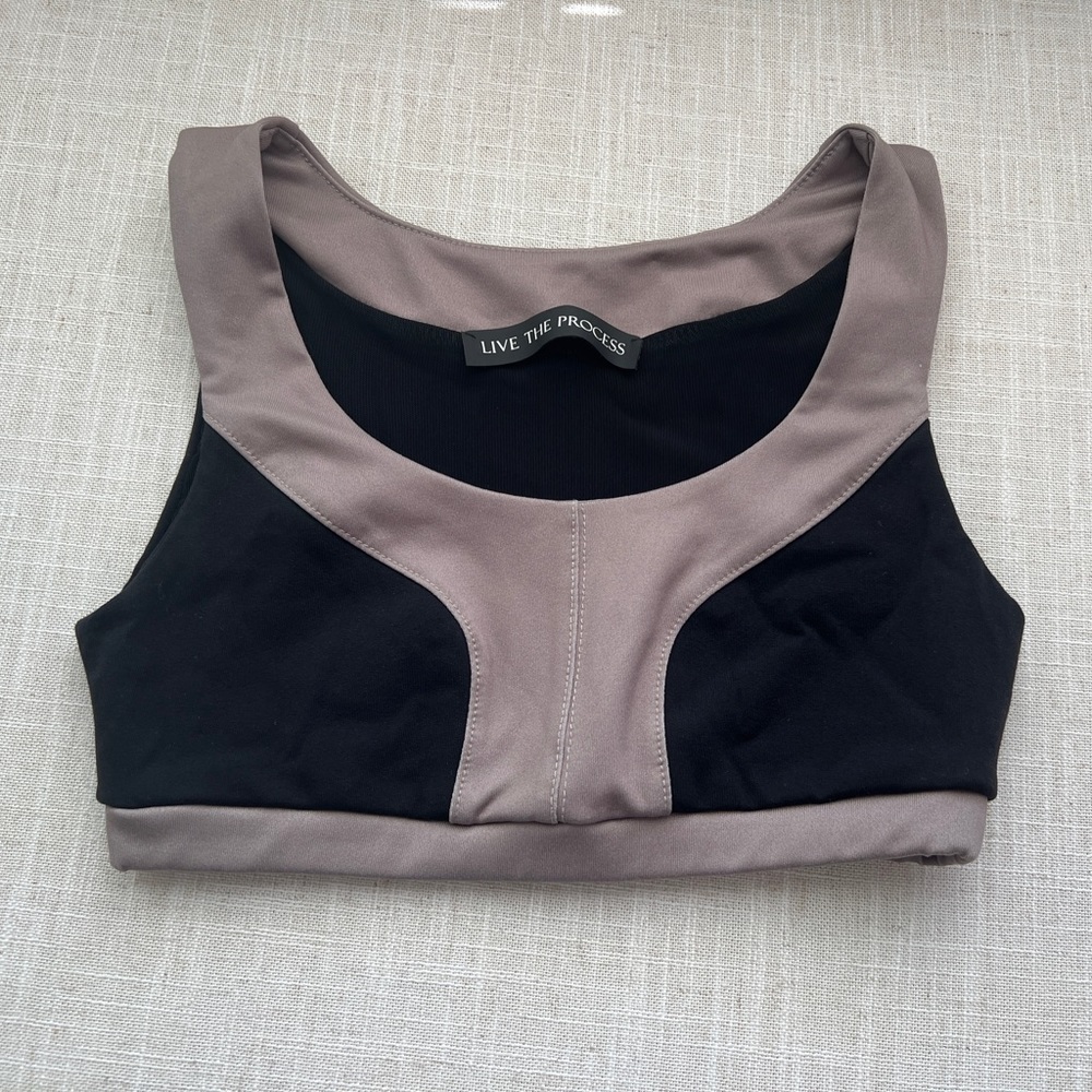 Live The Process, Brown and Black Sports Bra| Size XS